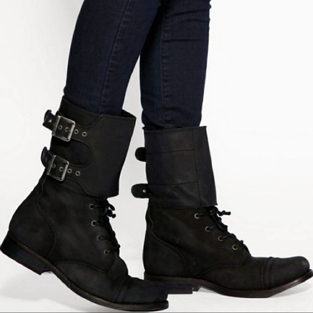 Allsaints Dimisi Combat Boots Black Leather and Pony hair  New Heels Size 40/ 9